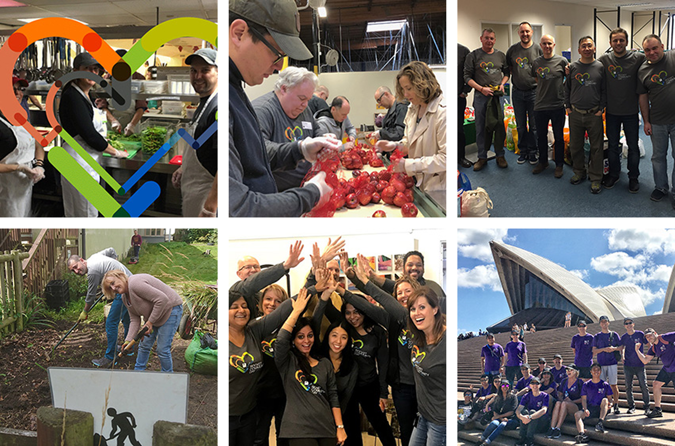 Collage of employees engaging in Community Day volunteer activities, including group photos, cleanup efforts, and community service.