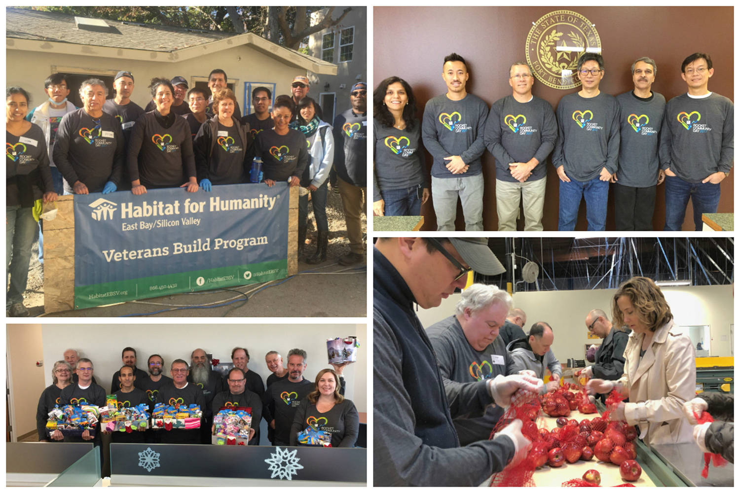 Collage of employees participating in Community Day activities, including group photos and volunteer work.