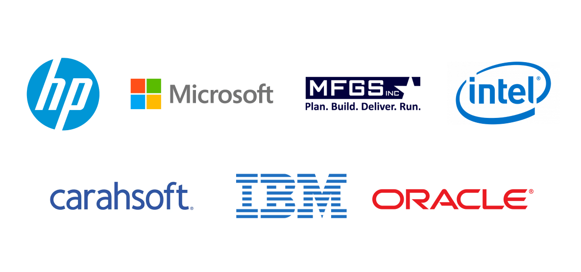 Collage of federal partner logos including HP, Microsoft, Micro Focus, Intel, Carahsoft, IBM, and Oracle.