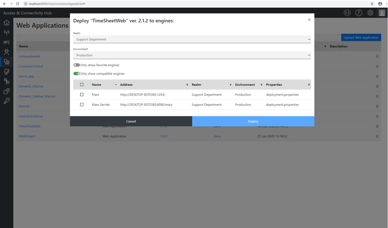 Image of hub user executing a one-click deployment to web applications