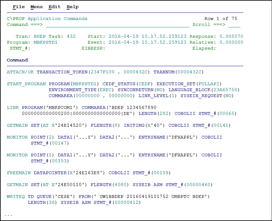 Viewing application call statements in the Application Commands panel