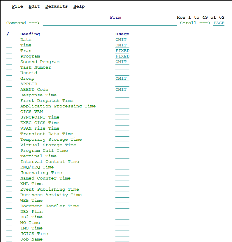 Changing the columns in the Transaction List using the Form panel