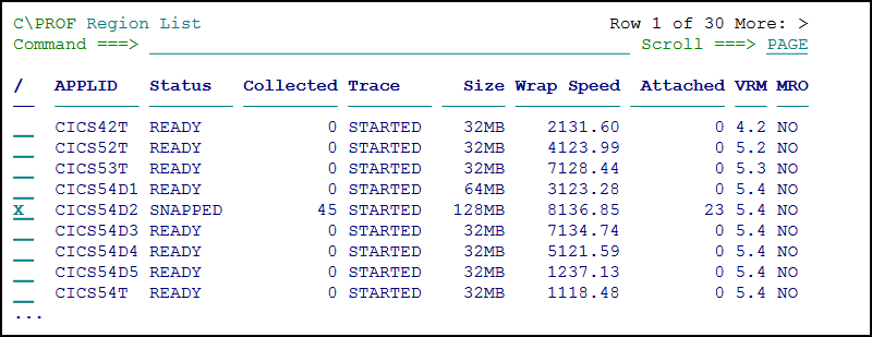 Opening a list of auxiliary trace data sets using the **Region List** panel