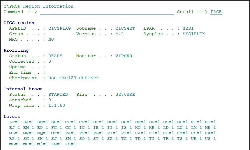 C\Prof CICS region information panel showing CICS trace status and active trace domains