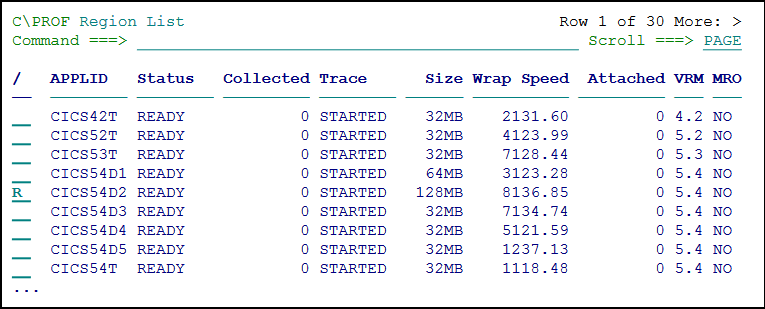 Recording the trace for transaction profiling using the Region List panel