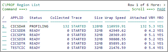 Viewing profiling data using the **Region List** panel