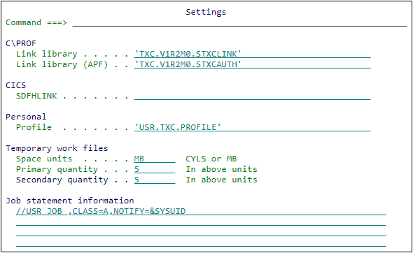 the settings panel