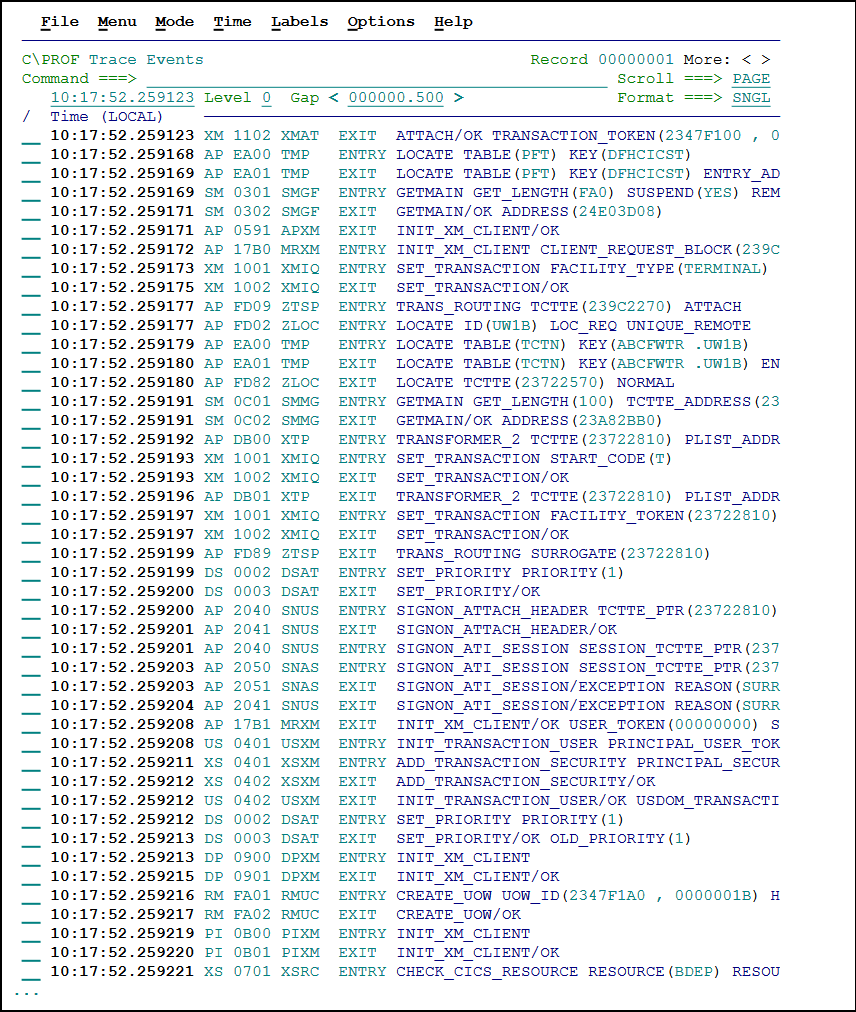 Viewing trace events for a transaction