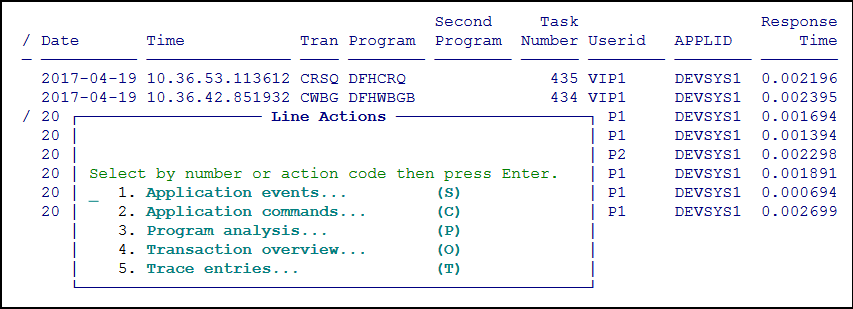 Line actions available in the C\Prof Transaction List panel