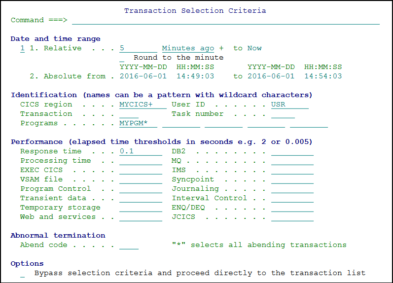 The **Transaction Selection Criteria** panel