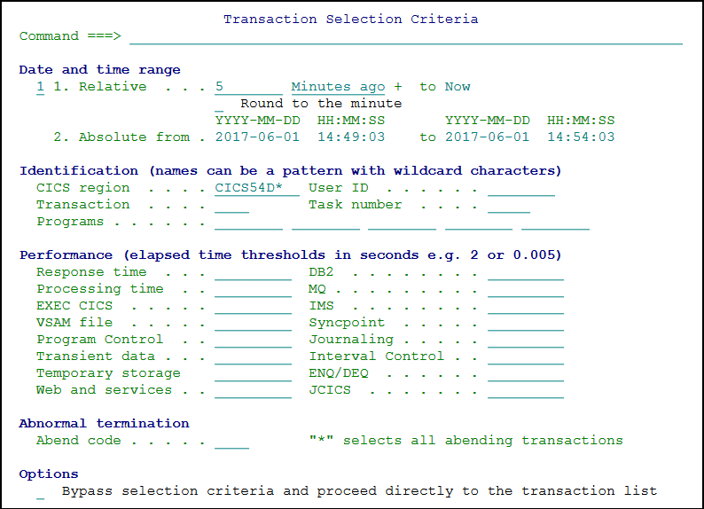 The Transaction Selection Criteria panel