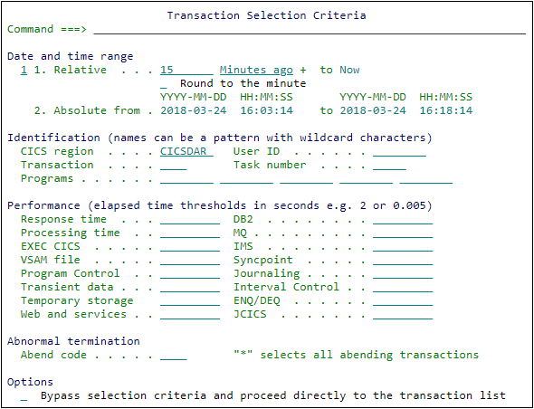 The **Transaction Selection Criteria** panel