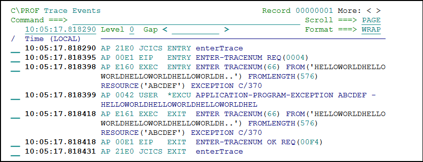 Viewing user-written trace entries in C\\Prof