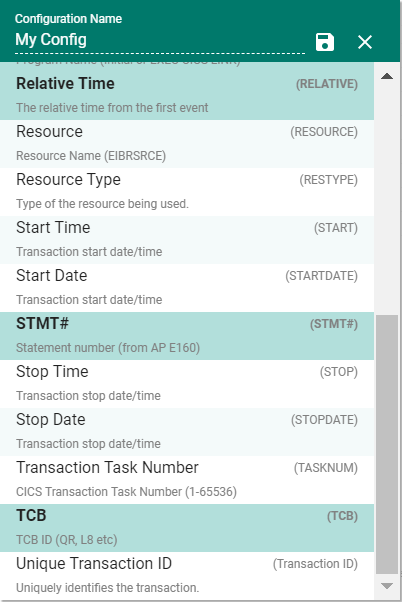 A C\Prof Web UI column configuration containing time spent, CICS program statement numbers and TCB switch information for a CICS transaction