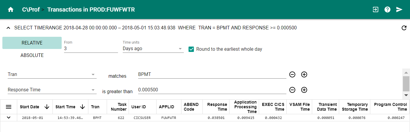 CProf Web UI transaction list filter