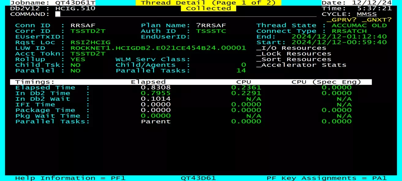 Thread detail page screen for DB2