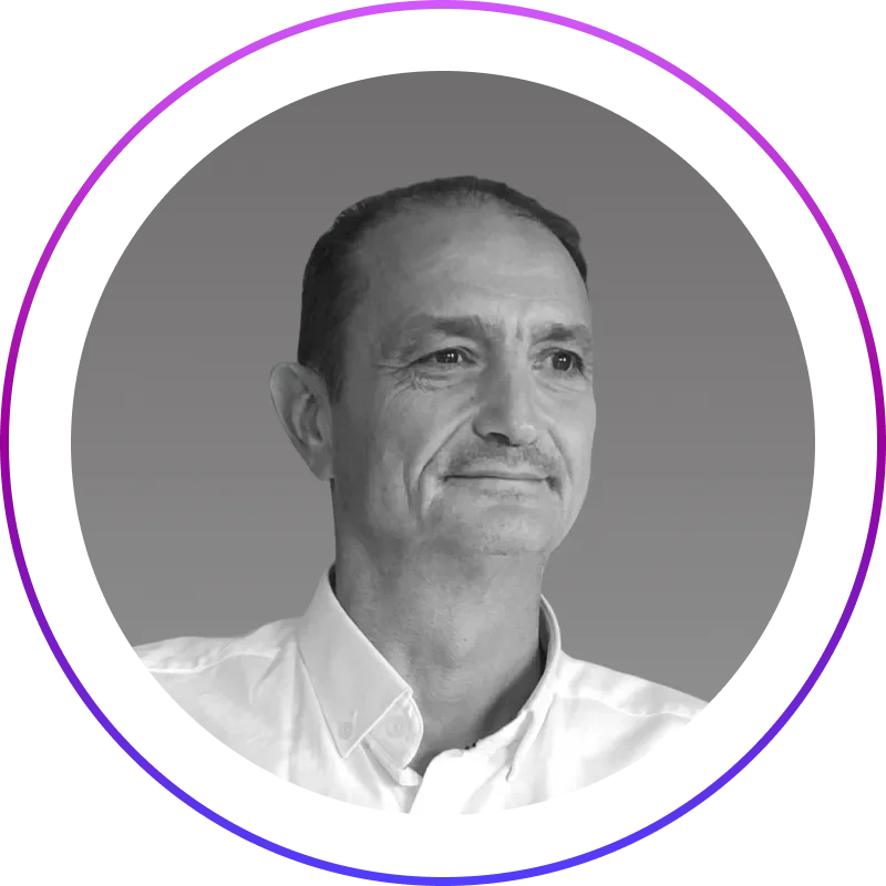 b&w image of Serge Musso in a circular frame