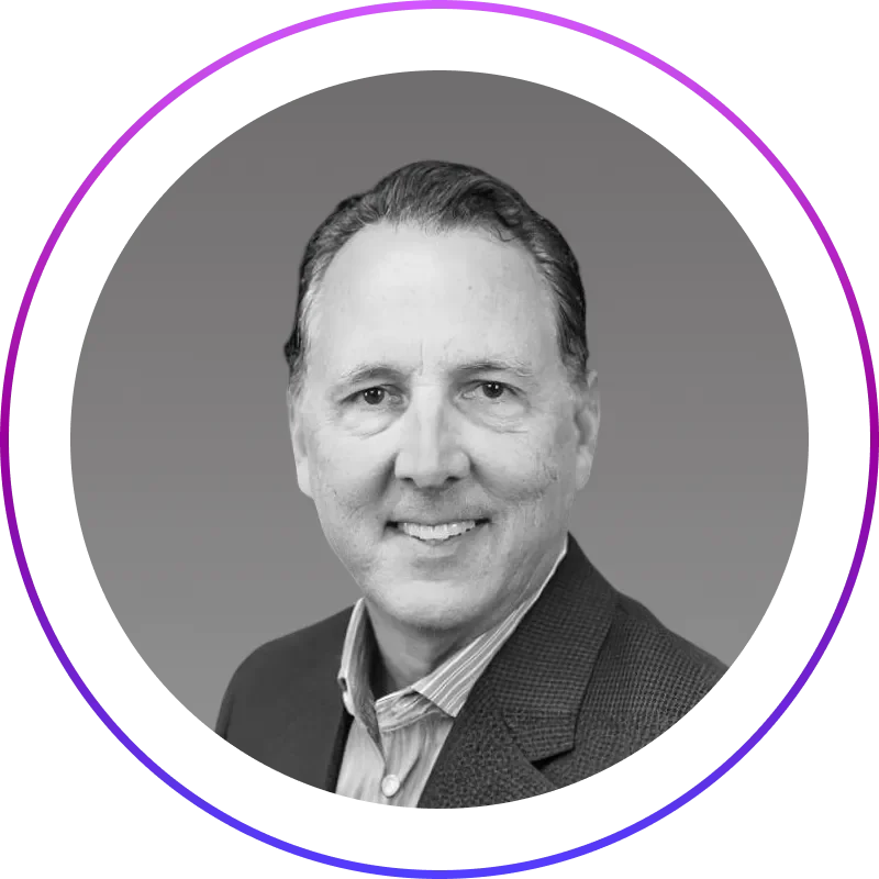 b&w image of Tim Hill in a purple circular frame