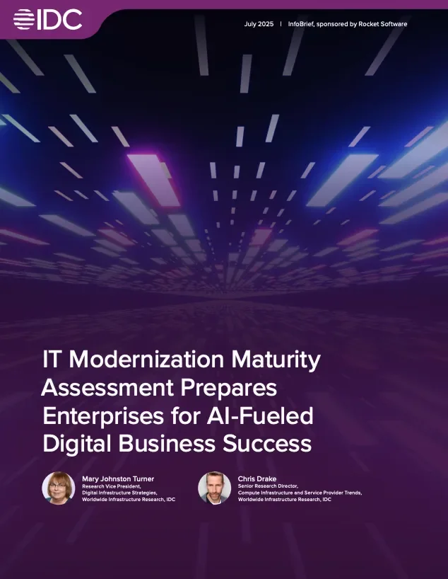 "Cover of IDC report titled 'IT Modernization Maturity Assessment Prepares Enterprises for AI-Fueled Digital Business Success' with a futuristic purple-toned data center background.