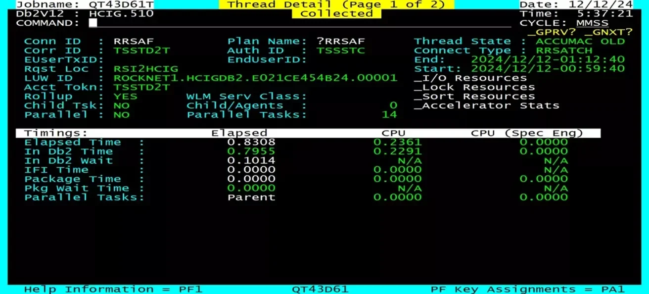 MON for DB2 screen displaying database performance metrics, thread status, and resource statistics in a green-on-black terminal interface.