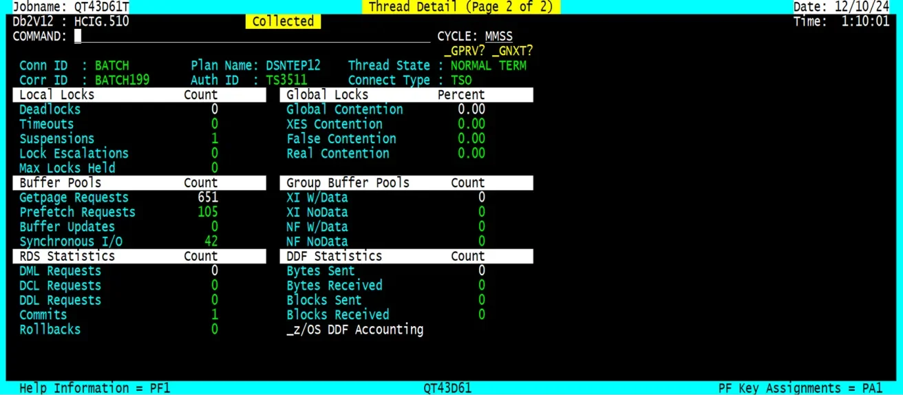 TMON for DB2 panel showing database thread activity, response times, and resource usage in a green-on-black terminal display.
