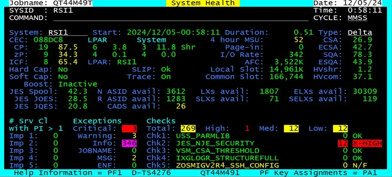 TMON for z/OS dashboard showing system activity, CPU utilization, and performance statistics in a green-on-black terminal display.