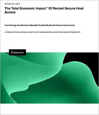 Cover page of the Forrester report titled “The Total Economic Impact of Rocket Secure Host Access,” featuring a green abstract wave design and Rocket Software branding.