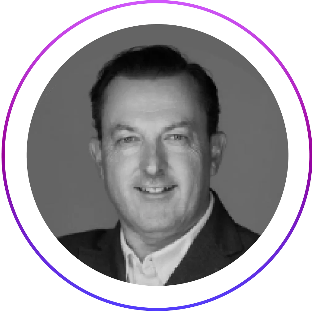 b&w photo of Steven Dickens in a purple gradient frame