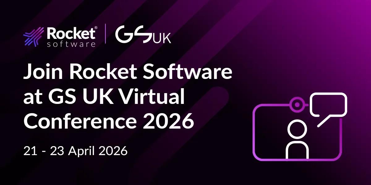 Purple GS UK conference banner with an icon of a person on a screen talking