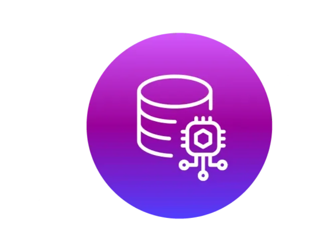Purple circular icon showing a database with a microchip, overlaid on an upward trend line to represent modern, AI-driven data growth.