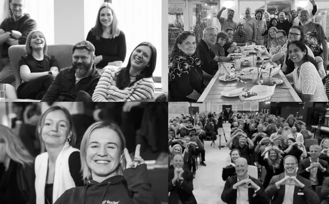 A black and white collage presenting two scenes: the upper portion shows a group of people seated around a long table, possibly engaged in a discussion or meeting; the lower portion depicts a large crowd where many individuals are making a heart shape with their hands, directed towards the viewer.