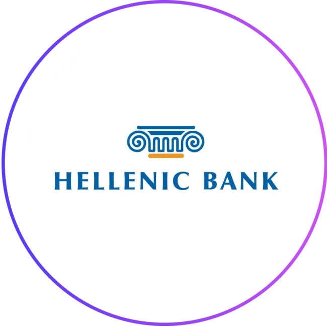 Hellenic Bank logo with a blue and gold Greek column symbol above the bank name in blue text.
