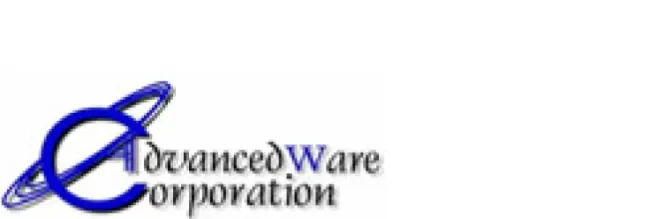 Blue and black AdvancedWare logo with a planet