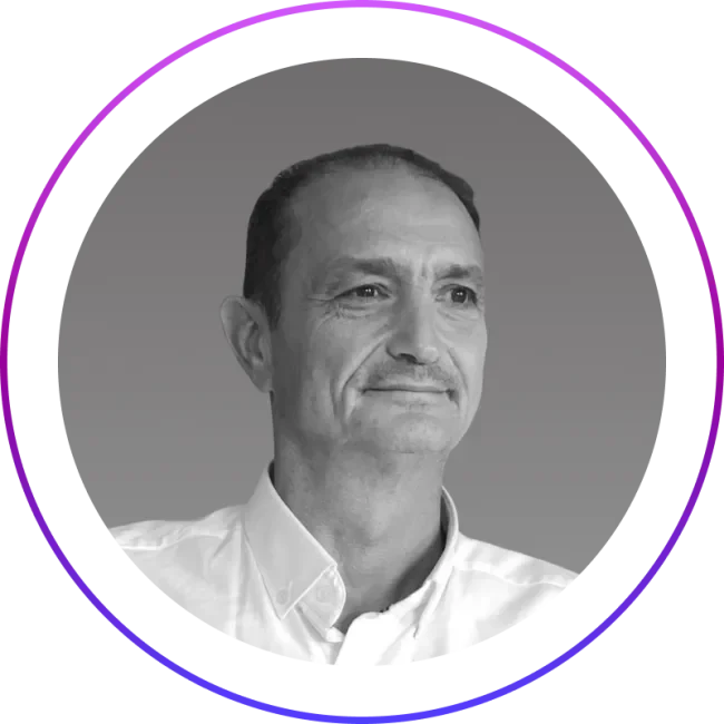 b&w image of Serge Musso in a circular frame