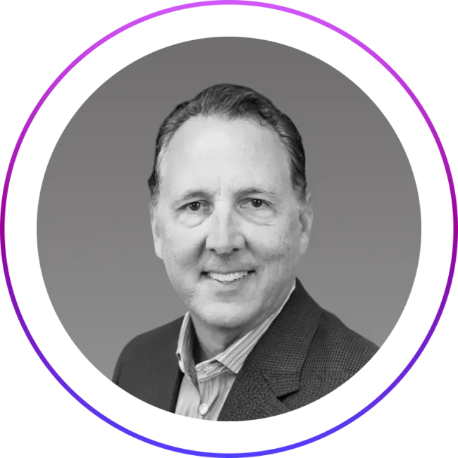 b&w image of Tim Hill in a purple circular frame