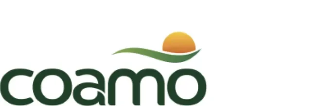 Coamo logo with green lowercase lettering and an orange sun rising over a green curve.