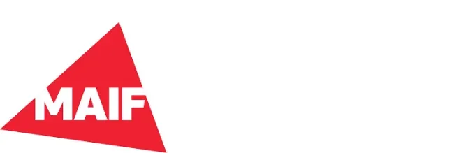Logo of MAIF in white text on a red triangle background.