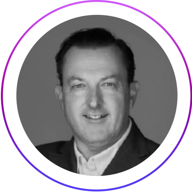 b&w photo of Steven Dickens in a purple gradient frame