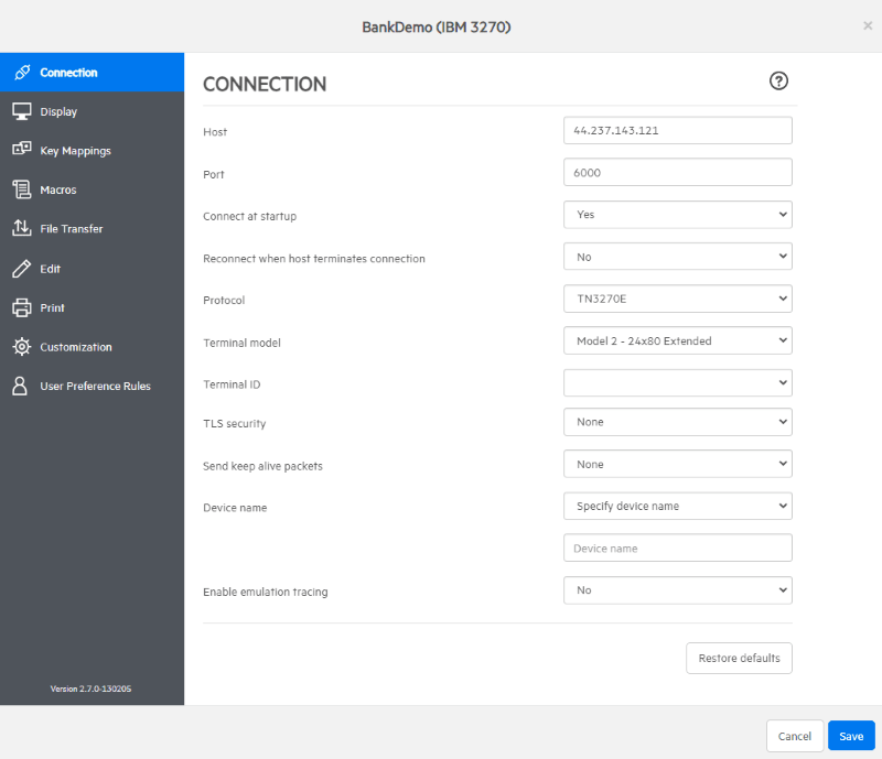 Connection screen AWS