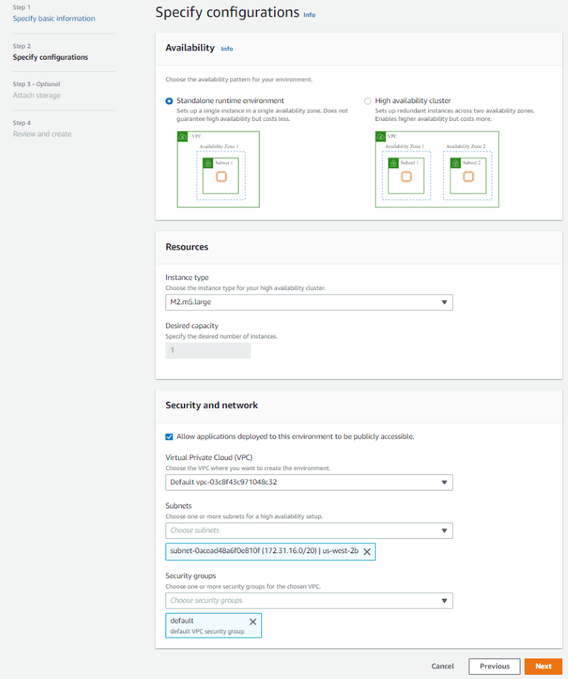 Specify configurations page on AWS