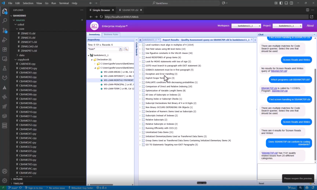Screenshot of the AI chat in COBOL